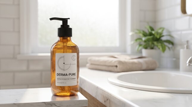 Foaming facial cleanser in a modern bathroom, daily skincare routine, personal hygiene, wellness lifestyle, gentle beauty care.