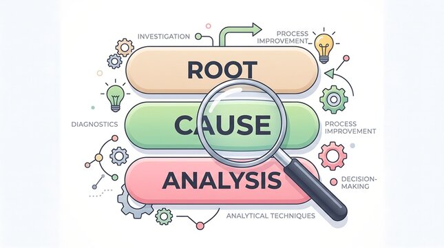 Root cause analysis business infographic, process improvement strategy diagram, magnifying glass over analytical technique icons and text