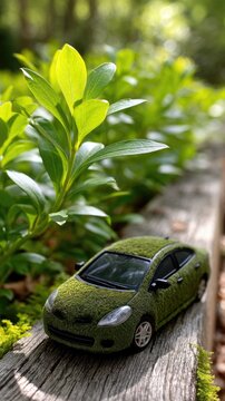 Miniature car shape cutout covered in green moss on a rustic log surrounded by foliage and sunlight