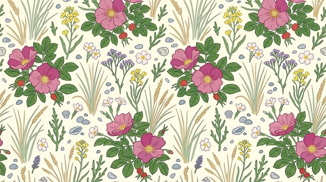 Wild pink rose and meadow wildflower seamless botanical pattern
