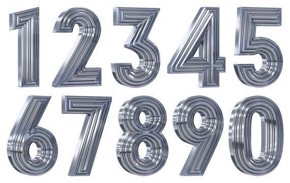 Set of silver ribbed volumetric numbers from zero to nine. 3d illustration transparent background