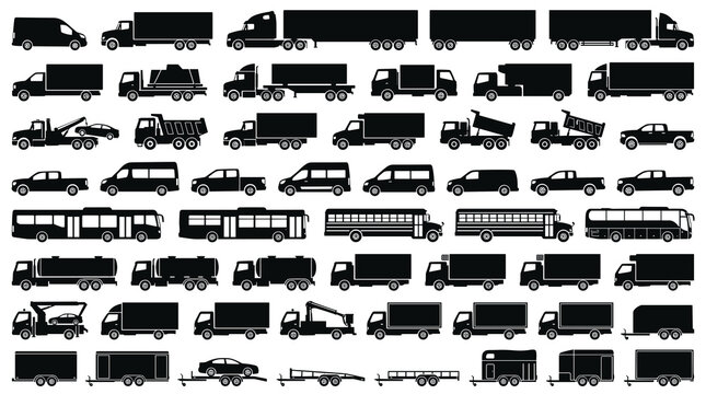 Truck pickup van bus and trailer silhouette vector collection isolated on white background