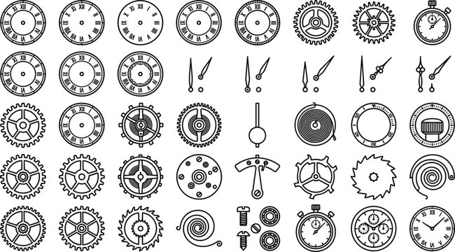Mechanical clock parts and watchmaker gear icon bundle featuring cogs wheels dial faces stopwatch arrows springs and vintage repair machinery vector illustration
