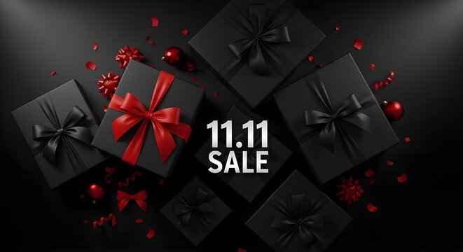Black gift boxes with red and black ribbons and bows on dark background with 1111 sale text for marketing and advertising