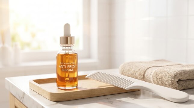 Natural beard oil with grooming brush in a modern bathroom, men's grooming routine, personal care, wellness lifestyle, premium cosmetics.