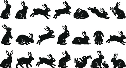 Large collection of black rabbit silhouettes featuring wild hares in active movement poses running leaping standing alert eating carrots and playing vector graphic illustration © MstLinaAkter