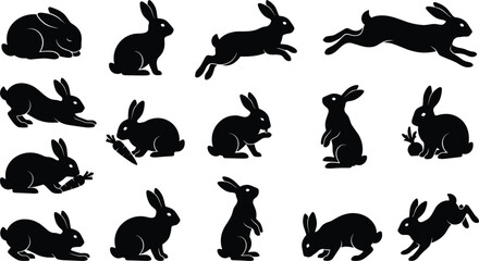 Black rabbit and hare silhouette set featuring wild animals eating carrots jumping running standing and crouching in various active poses vector illustration © MstLinaAkter