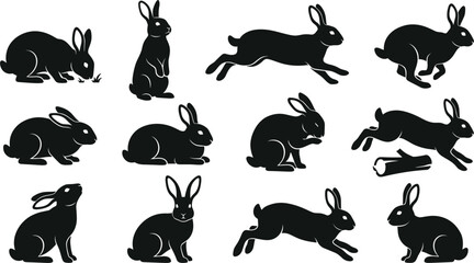 Black rabbit silhouette set featuring wild hares in various poses including running jumping sitting standing and feeding vector graphic design collection © MstLinaAkter