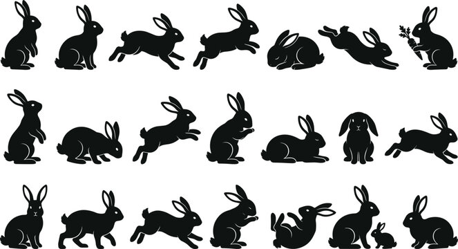 Large collection of black rabbit silhouettes featuring wild hares in active movement poses running leaping standing alert eating carrots and playing vector graphic illustration