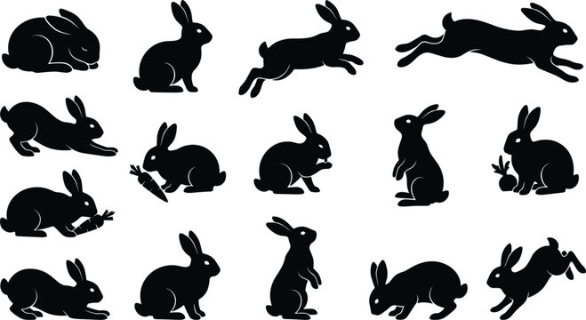 Black rabbit and hare silhouette set featuring wild animals eating carrots jumping running standing and crouching in various active poses vector illustration