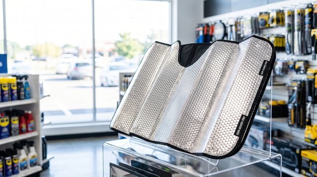 Reflective windshield sunshade displayed in an automotive accessories store, vehicle heat protection, summer driving, retail shopping.