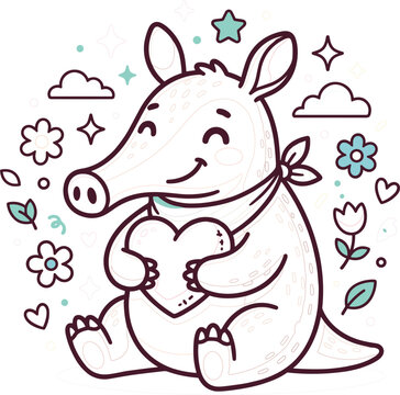 Cute cartoon aardvark holding a heart shape outline vector illustration surrounded by doodle stars flowers and clouds for kids coloring book page