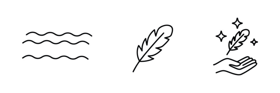 Lightweight icon set, feather and hand palm symbols, soft touch surface concept, light weight graphics