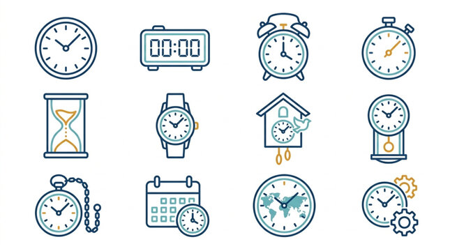 Collection of various time and clock icons in flat design.