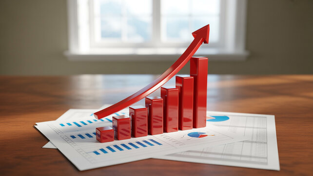 3D rendering of a red bar chart with upward trend on financial documents increase investment rendering analysis business document financial