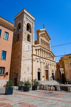 Facade of the Cathedral of Saint Mary of the Assumption and Saint Cecilia on Piazza Palazzo in the historic Castello district of Cagliari, Sardinia, Italy