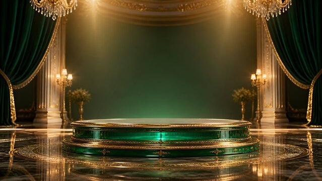 Luxurious emerald green stage with ornate gold trim and velvet curtains, featuring a grand circular podium for premium product display, elegant chandelier lighting, rich marble flooring, and