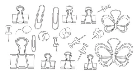 Fototapeta premium Stationery Clips Line Art Set: Paper Clips, Binder Clips, and Push Pins Icons