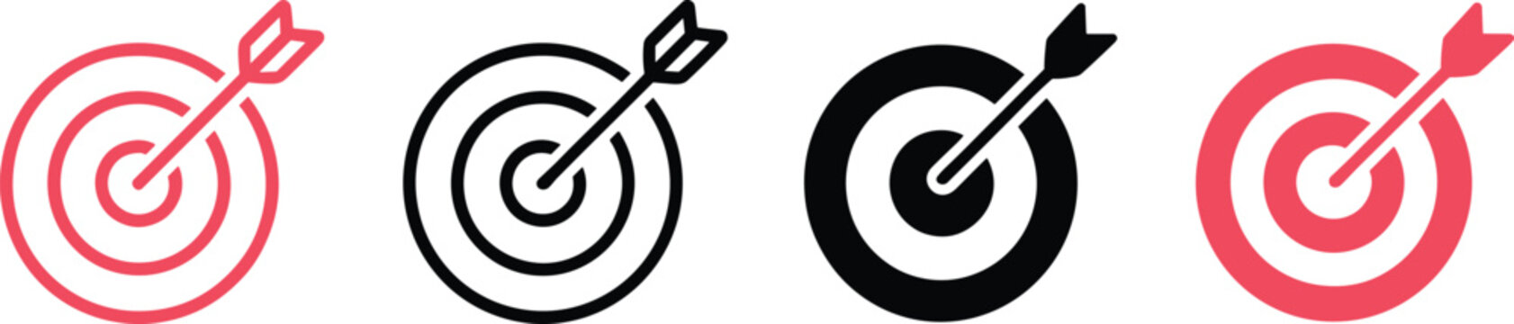 Black and red target bullseye vector icon set featuring flat line art and solid silhouette arrow designs