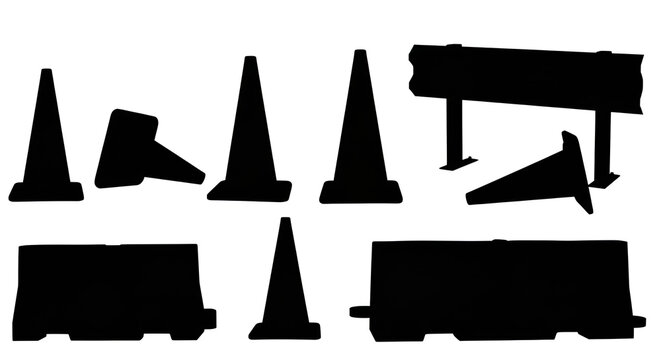 Traffic Cones and Road Barriers Silhouette Set on White Background