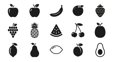 Collection of black and white fruit icons including apple banana grapes pineapple watermelon cherry and more isolated on white background with displays collection © Nimay