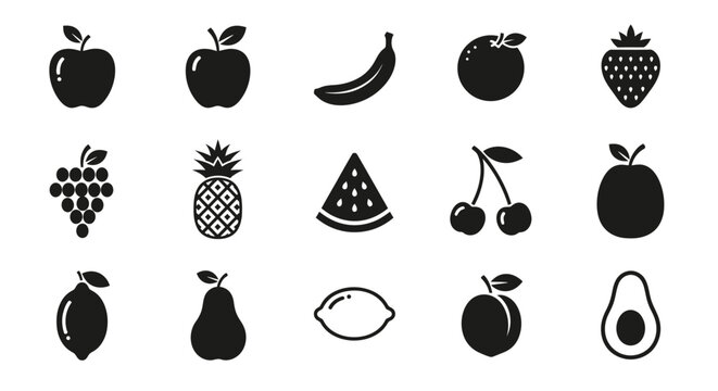 Collection of black and white fruit icons including apple banana grapes pineapple watermelon cherry and more isolated on white background with displays collection