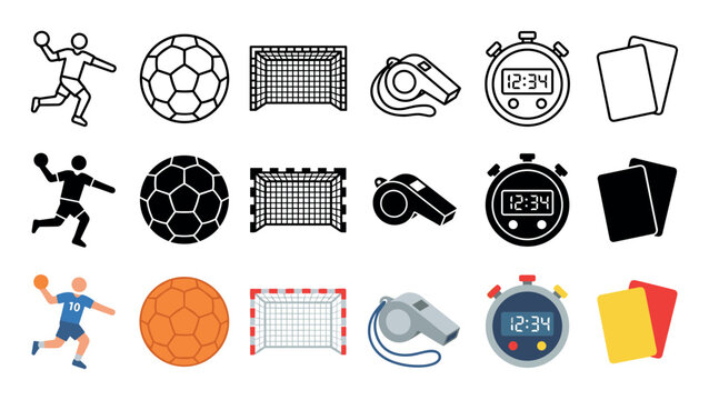Handball player ball goal whistle stopwatch cards, a comprehensive collection of essential sports equipment and game elements presented as modern icons.
