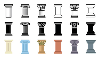 Obraz premium Architectural columns vector icon set illustrating various styles including Doric, Ionic, and Corinthian designs in outline, solid, and colored variations.