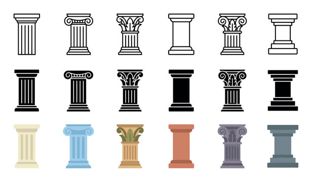 Architectural columns vector icon set illustrating various styles including Doric, Ionic, and Corinthian designs in outline, solid, and colored variations.