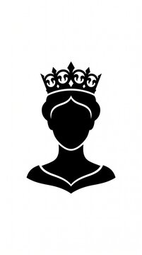 Minimalist black silhouette queen avatar icon featuring an elegant royal crown. Flat vector-style female monarch profile isolated on a white background, ideal for royalty, leadership, fantasy, medieva