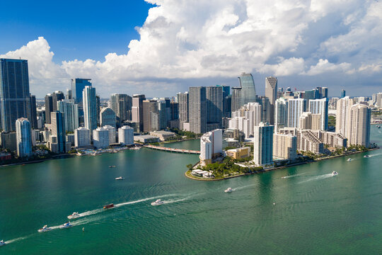 Miami cityscape from drone. Coastal Miami skyline with towers and business skyscrapers. Miami panorama with skyscrapers. Miami skyline near Brickell.