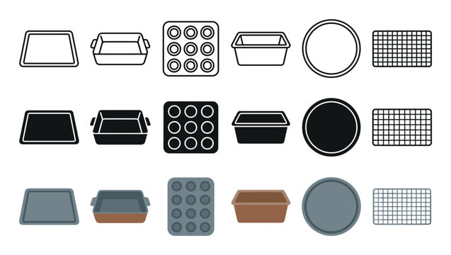 Various kitchen bakeware items including baking sheets, muffin pans, loaf pans, and cooling racks in different styles and colors are displayed.