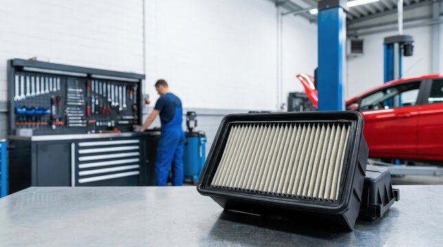 High performance engine air filter in an automotive workshop, vehicle maintenance, engine protection, professional repair service.