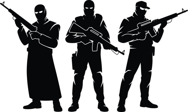 Set of armed terrorist or special force soldier black silhouettes holding rifles isolated on white background for military designs