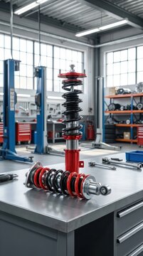 Automotive suspension strut components displayed in a repair workshop, vehicle suspension maintenance, replacement parts, professional service.