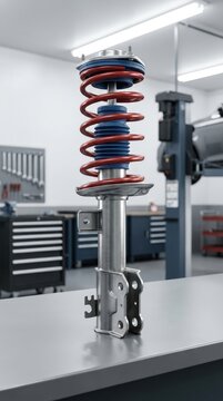 Automotive suspension strut components displayed in a repair workshop, vehicle suspension maintenance, replacement parts, professional service.