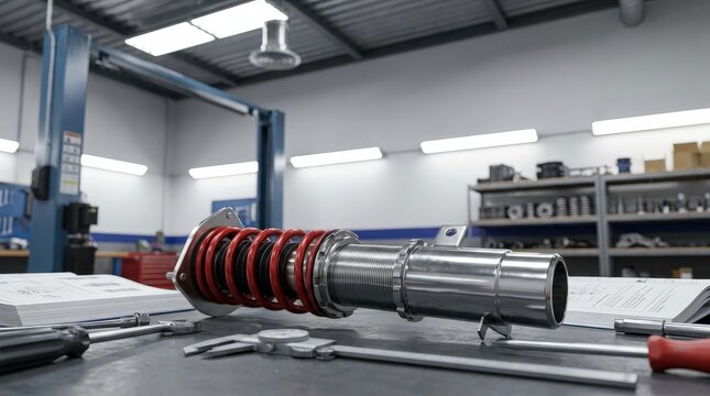 Automotive suspension strut components displayed in a repair workshop, vehicle suspension maintenance, replacement parts, professional service.