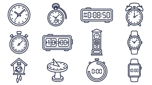 Collection of various timekeeping devices and clocks.
