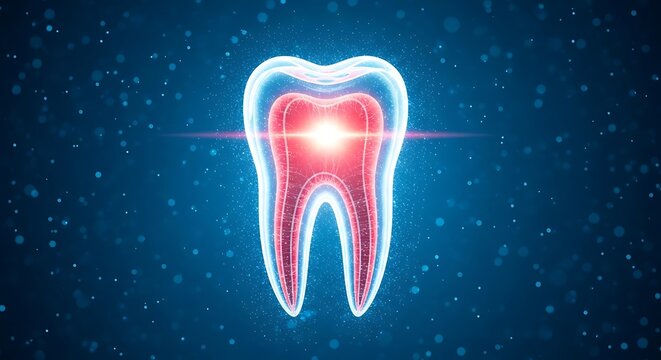 Glowing tooth cross-section against a dark blue background with digital aura and particle effects