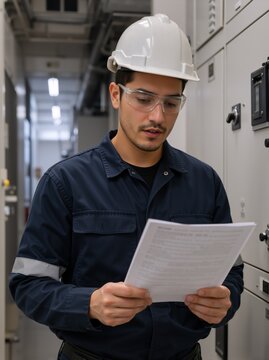 Male technician reading document in electrical control room. Young engineer in hard hat and safety glasses reviewing checklist near industrial cabinets