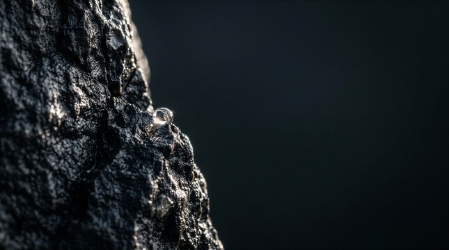 Close up macro of a clear water drop on a wet dark rock surface