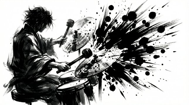Ink wash illustration of a person playing drums with black splatters
