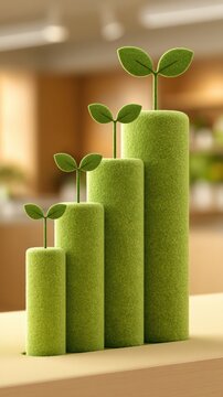 Five green felt pillars representing an ascending bar graph with seedlings in a warm indoor setting