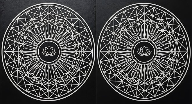 Sacred geometry circular mandala patterns with central lotus design, geometry