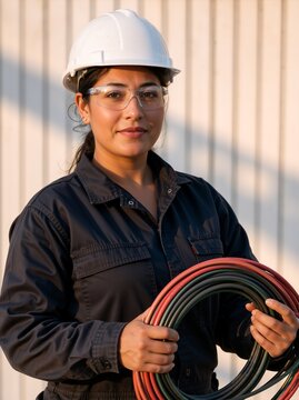 Female electrician holding coil of cables. Woman technician wearing hard hat and safety glasses. Portrait of professional female worker in construction trade