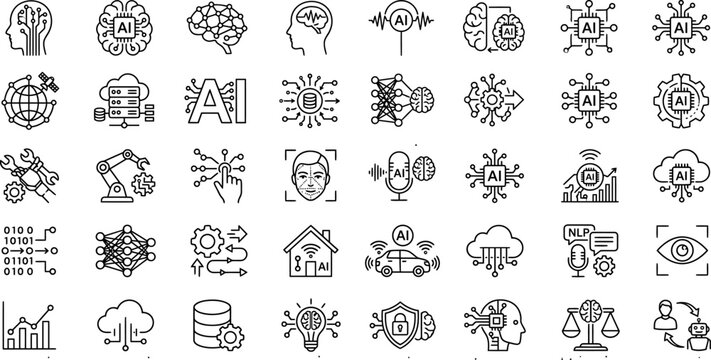 Ai icon set artificial intelligence machine learning neural networks and data science line icons collection