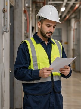 Focused young male engineer reading a document in an industrial facility. Professional worker in a hard hat and high-visibility vest checking plans in a factory corridor