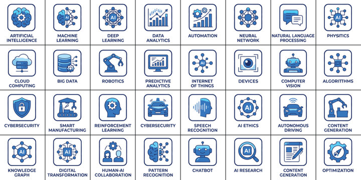 AI technology icon set artificial intelligence machine learning robotics data science visual concepts