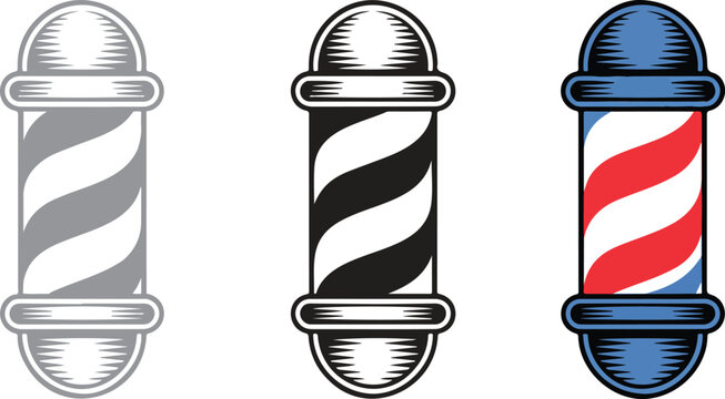 Barber pole vector illustration set with grayscale, black‑and‑white, and classic red‑white‑blue designs