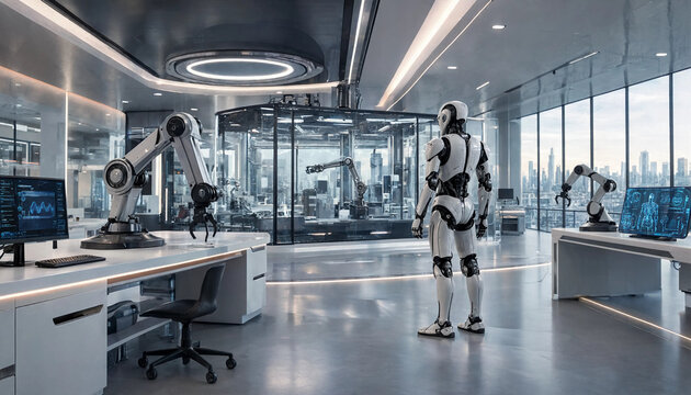 High-tech robotics research laboratory interior with standing humanoid robot and multiple mechanical arms robotics humanoid laboratory automation technology mechanical engineering